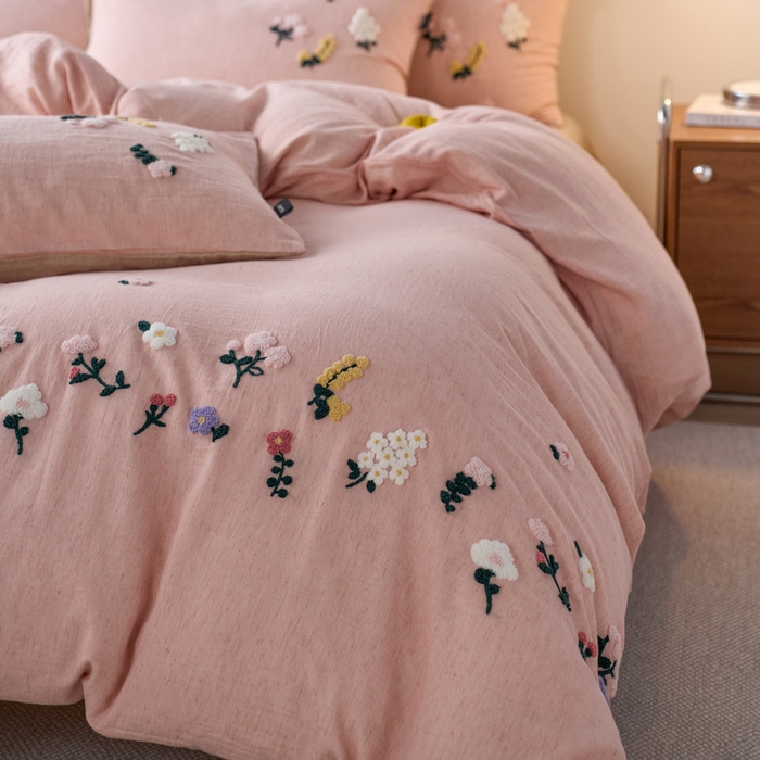 91家纺网 家纺一手货源 找家纺 卡姿家纺 2026春夏天丝棉麻裸感超柔系列四件套-紫茉 紫茉-粉