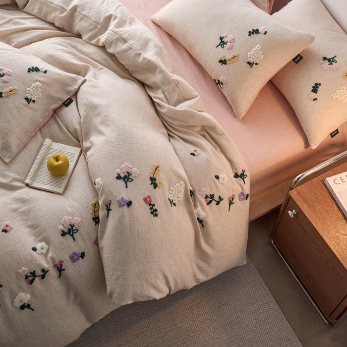 91家纺网 家纺一手货源 找家纺 卡姿家纺 2026春夏天丝棉麻裸感超柔系列四件套-紫茉 紫茉-白