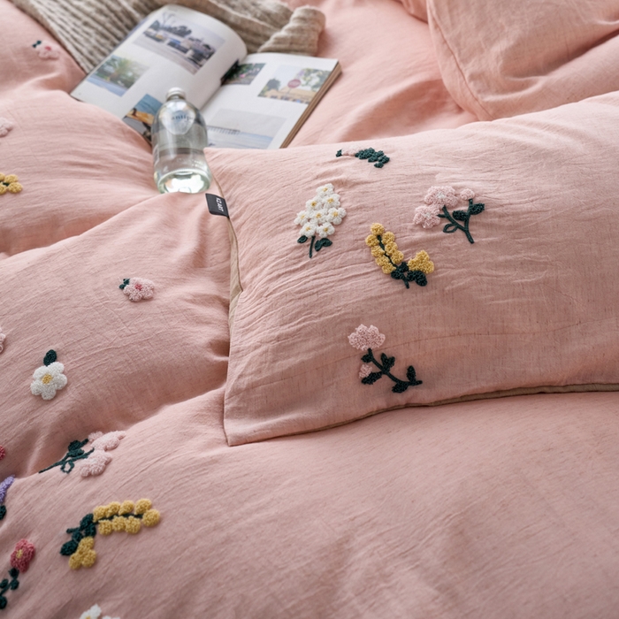 91家纺网 家纺一手货源 找家纺 卡姿家纺 2026春夏天丝棉麻裸感超柔系列四件套-紫茉 紫茉-粉