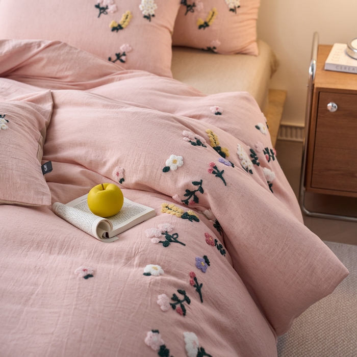 91家纺网 家纺一手货源 找家纺 卡姿家纺 2026春夏天丝棉麻裸感超柔系列四件套-紫茉 紫茉-粉