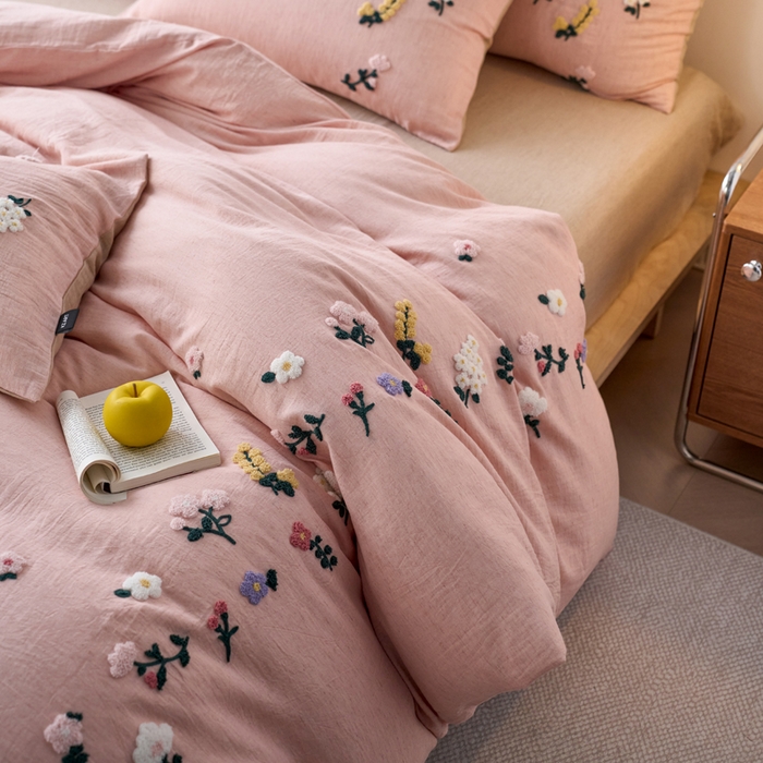 91家纺网 家纺一手货源 找家纺 卡姿家纺 2026春夏天丝棉麻裸感超柔系列四件套-紫茉 紫茉-粉