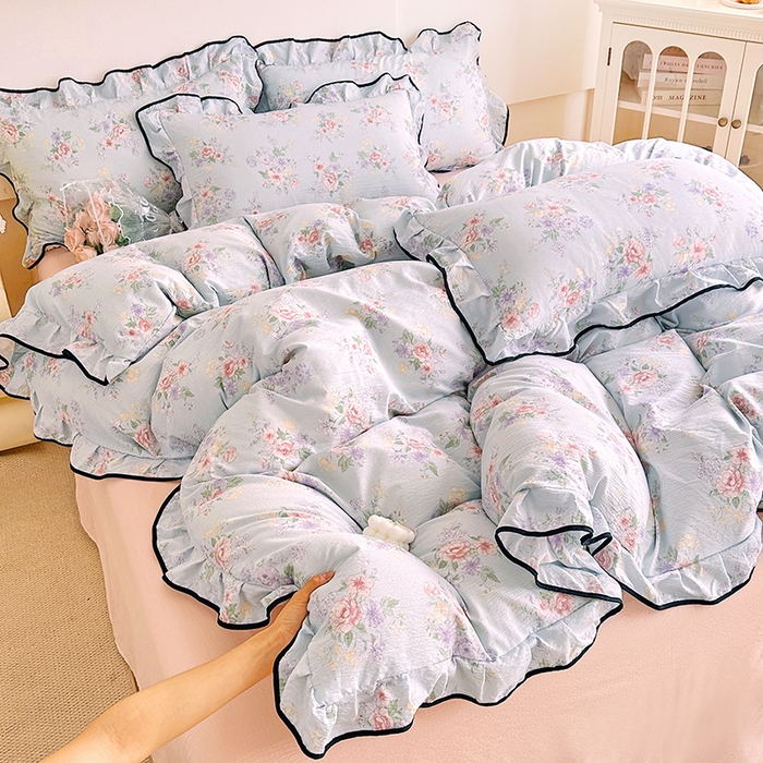 绘萱家居 2026直播爆款云感皱皱纱双层纱皱皱棉花边四件套印花水洗棉 兰花情