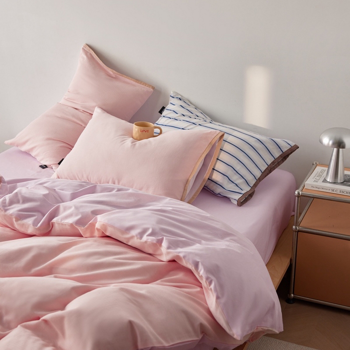 卡姿家纺 2026春夏全棉人字纹小提花拼色系列四件套 人字纹山茶粉