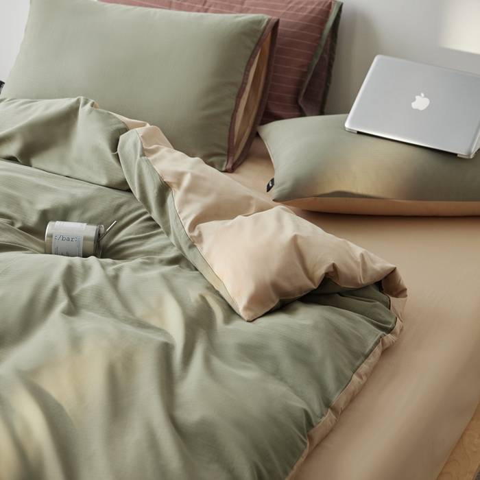 91家纺网 家纺一手货源 找家纺 卡姿家纺 2026春夏全棉人字纹小提花拼色系列四件套 人字纹韩绿