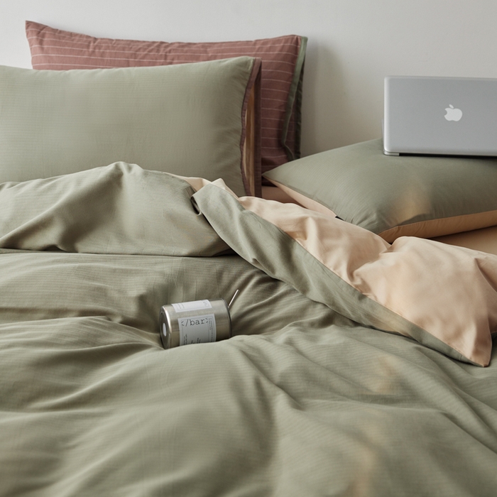 91家纺网 家纺一手货源 找家纺 卡姿家纺 2026春夏全棉人字纹小提花拼色系列四件套 人字纹韩绿