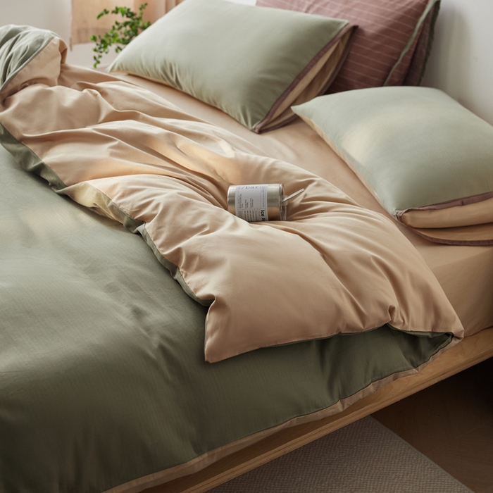 91家纺网 家纺一手货源 找家纺 卡姿家纺 2026春夏全棉人字纹小提花拼色系列四件套 人字纹韩绿