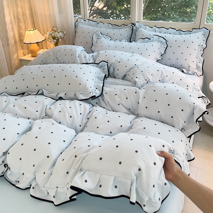 绘萱家居 2026直播爆款云感皱皱纱双层纱皱皱棉花边四件套印花水洗棉 蓝色波点