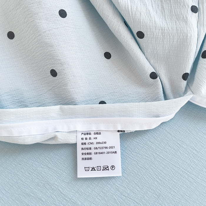 91家纺网 家纺一手货源 找家纺 绘萱家居 2026直播爆款云感皱皱纱双层纱皱皱棉花边四件套印花水洗棉 蓝色波点