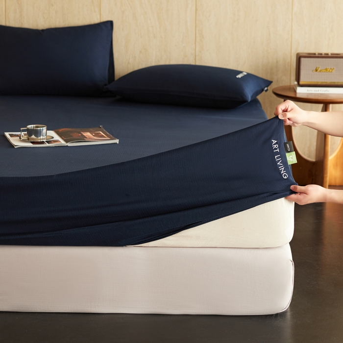 91家纺网 家纺一手货源 找家纺 卡姿家纺 2026春夏全棉人字纹小提花单品-床笠三件套 床笠-藏青