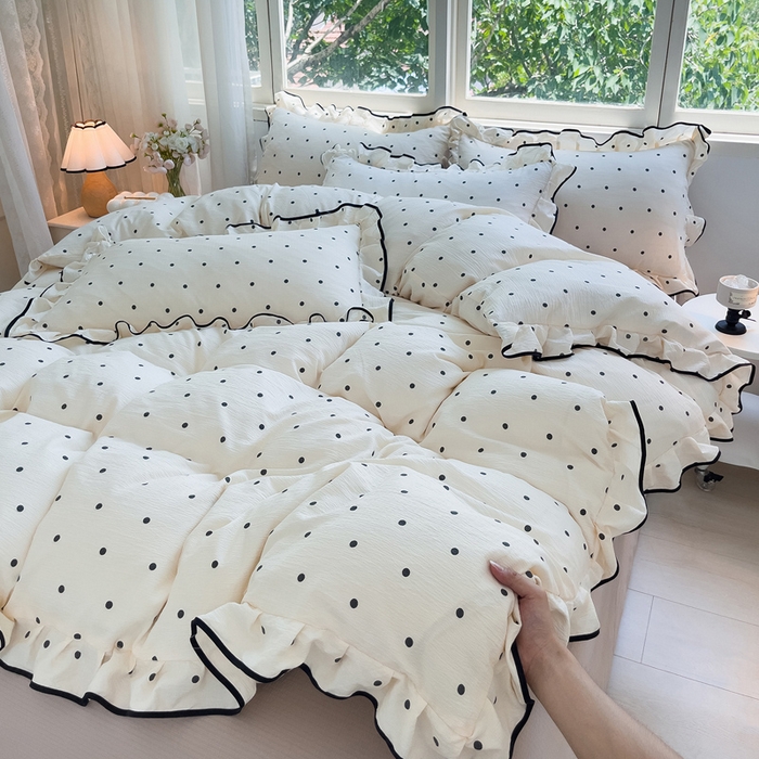 绘萱家居 2026直播爆款云感皱皱纱双层纱皱皱棉花边四件套印花水洗棉 奶油波点