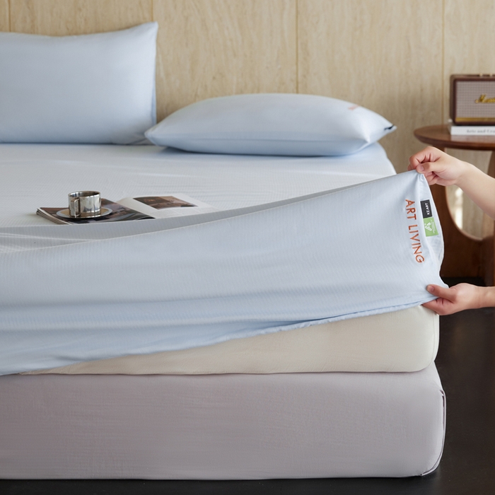 91家纺网 家纺一手货源 找家纺 卡姿家纺 2026春夏全棉人字纹小提花单品-床笠三件套 床笠-浅蓝