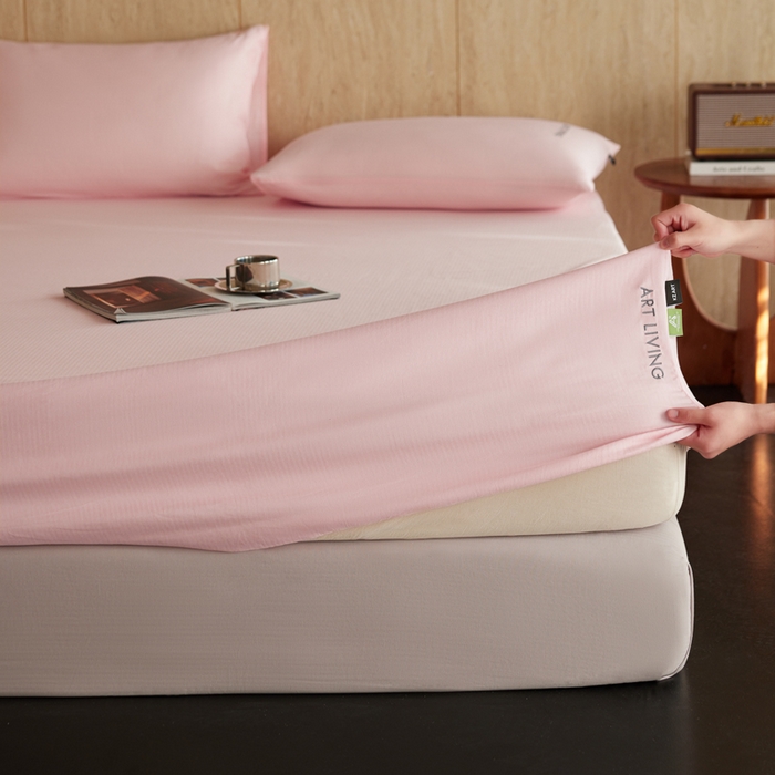 91家纺网 家纺一手货源 找家纺 卡姿家纺 2026春夏全棉人字纹小提花单品-床笠三件套 床笠-山茶粉