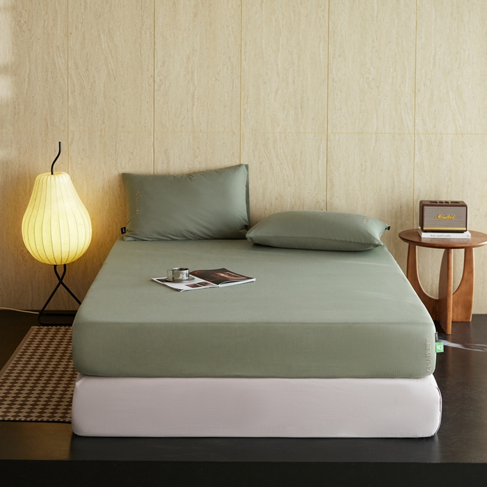 91家纺网 家纺一手货源 找家纺 卡姿家纺 2026春夏全棉人字纹小提花单品-床笠三件套 床笠-韩绿