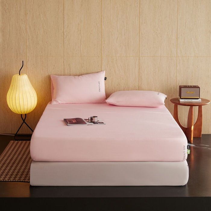 91家纺网 家纺一手货源 找家纺 卡姿家纺 2026春夏全棉人字纹小提花单品-床笠三件套 床笠-山茶粉