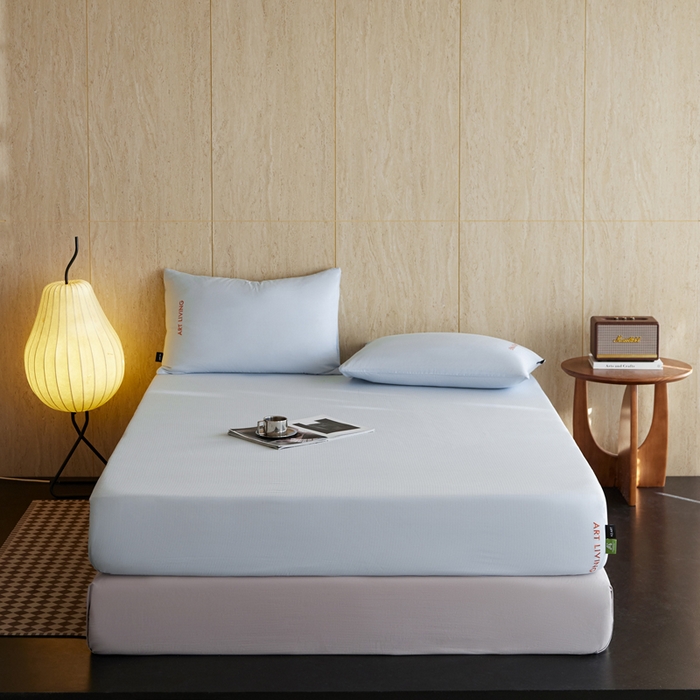 91家纺网 家纺一手货源 找家纺 卡姿家纺 2026春夏全棉人字纹小提花单品-床笠三件套 床笠-浅蓝