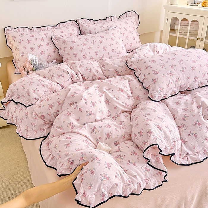 绘萱家居 2026直播爆款云感皱皱纱双层纱皱皱棉花边四件套印花水洗棉 倾城之韵