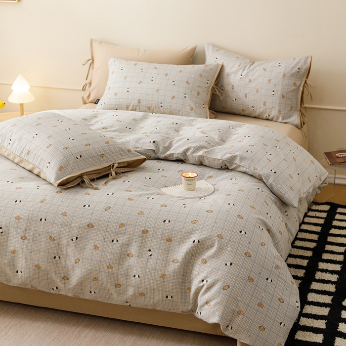 91家纺网 家纺一手货源 找家纺 卡姿家纺 2026春夏全棉奶油小卡通印花绑带款四件套 洋气柯基仔