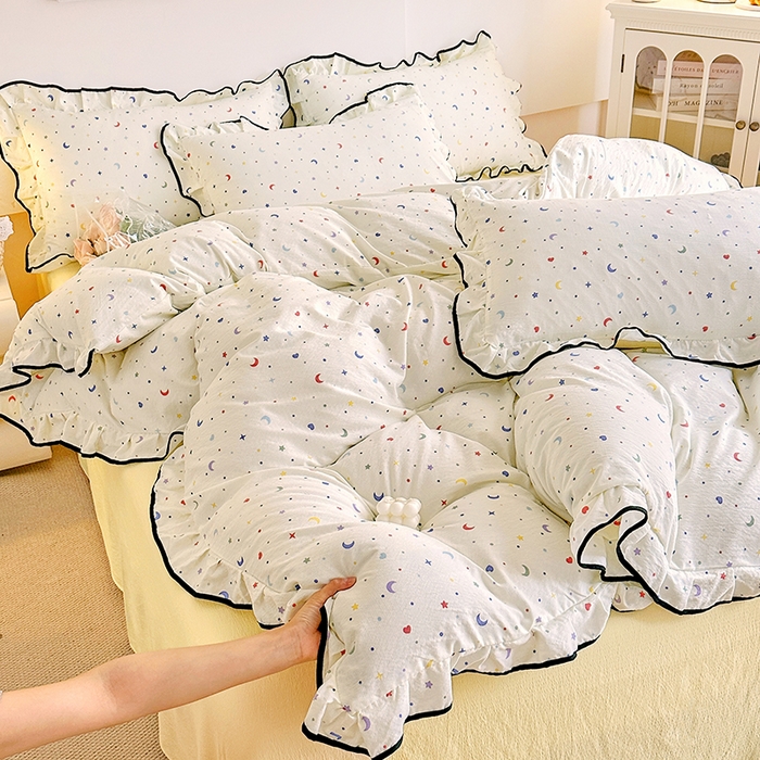 绘萱家居 2026直播爆款云感皱皱纱双层纱皱皱棉花边四件套印花水洗棉 星月