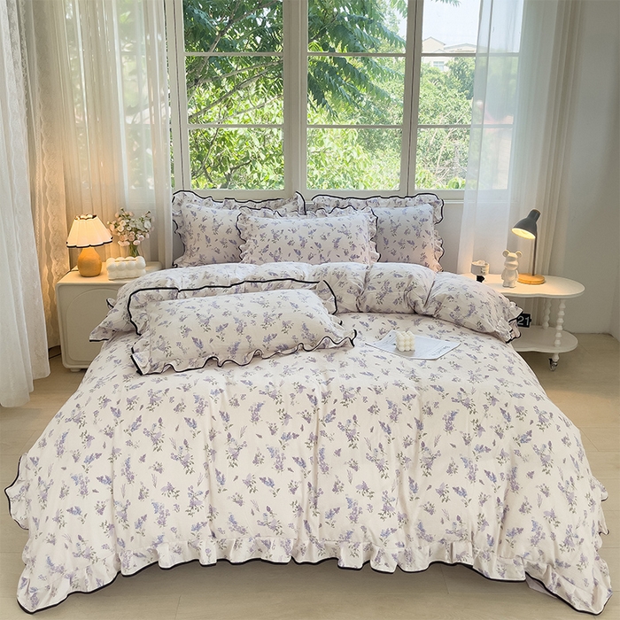 91家纺网 家纺一手货源 找家纺 绘萱家居 2026直播爆款云感皱皱纱双层纱皱皱棉花边四件套印花水洗棉 薰衣草