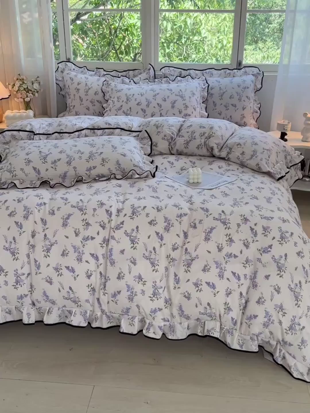 91家纺网 家纺一手货源 找家纺 绘萱家居 2026直播爆款云感皱皱纱双层纱皱皱棉花边四件套印花水洗棉 薰衣草