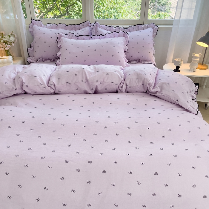 91家纺网 家纺一手货源 找家纺 绘萱家居 2026直播爆款云感皱皱纱双层纱皱皱棉花边四件套印花水洗棉 芋泥波波