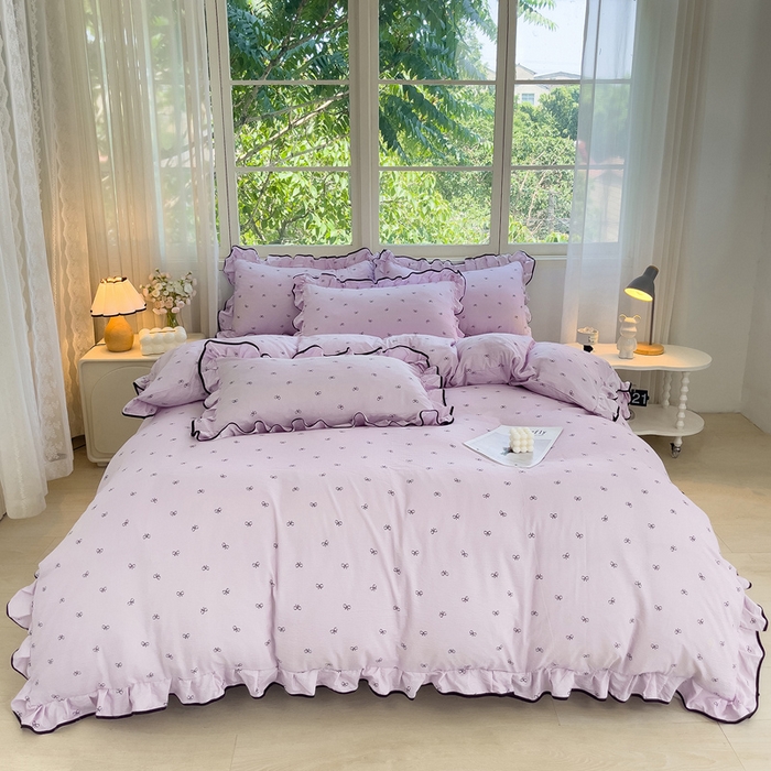 91家纺网 家纺一手货源 找家纺 绘萱家居 2026直播爆款云感皱皱纱双层纱皱皱棉花边四件套印花水洗棉 芋泥波波