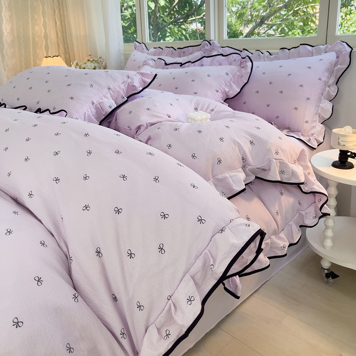 91家纺网 家纺一手货源 找家纺 绘萱家居 2026直播爆款云感皱皱纱双层纱皱皱棉花边四件套印花水洗棉 芋泥波波