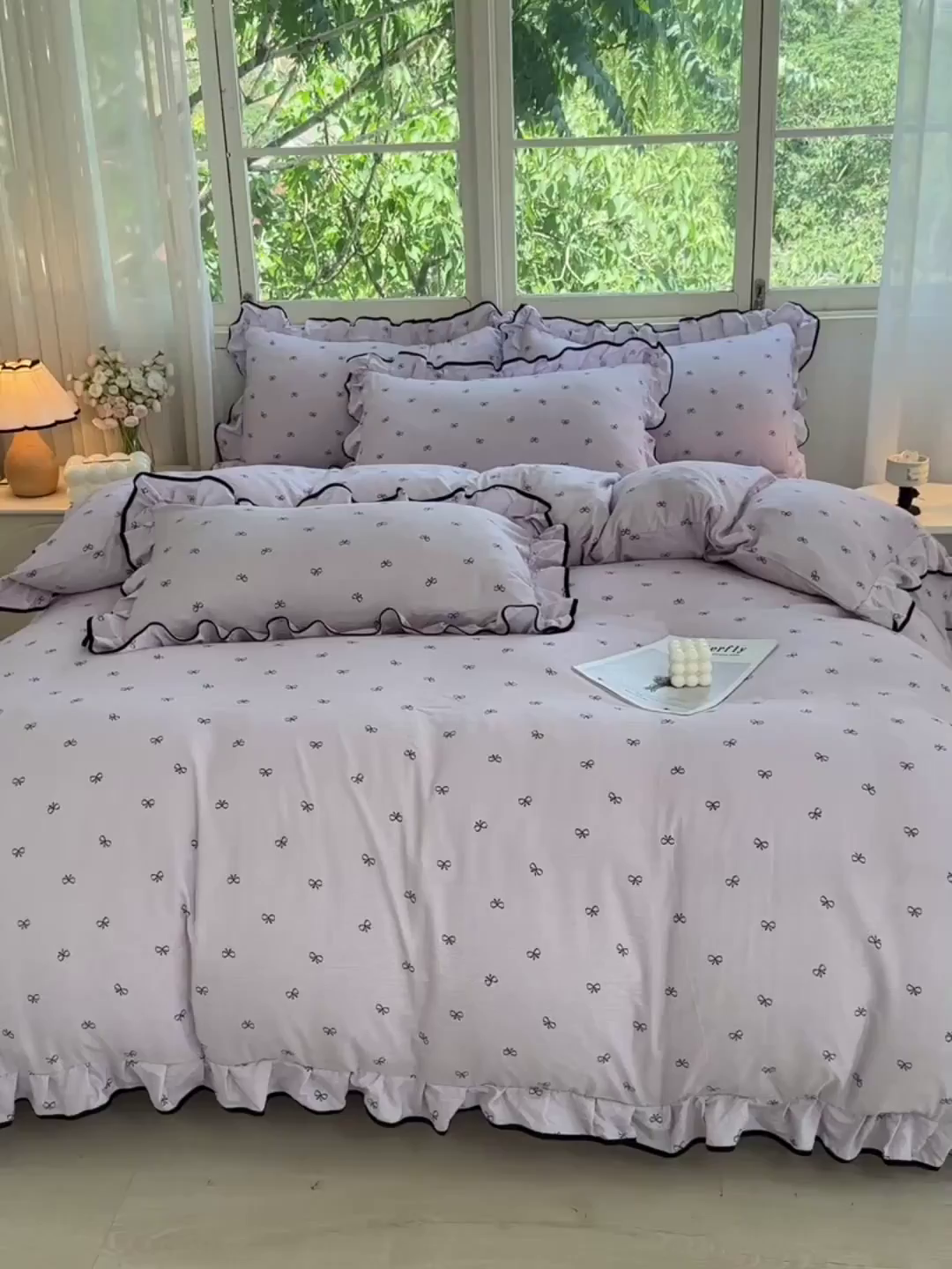 91家纺网 家纺一手货源 找家纺 绘萱家居 2026直播爆款云感皱皱纱双层纱皱皱棉花边四件套印花水洗棉 芋泥波波