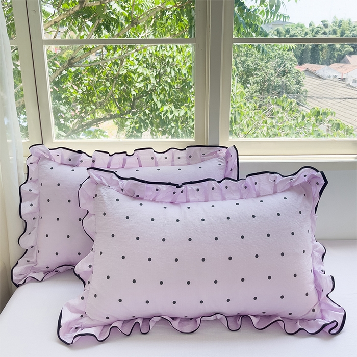 91家纺网 家纺一手货源 找家纺 绘萱家居 2026直播爆款云感皱皱纱双层纱皱皱棉花边四件套印花水洗棉 紫色波点