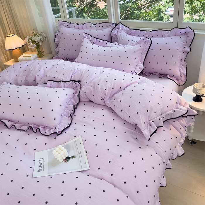 91家纺网 家纺一手货源 找家纺 绘萱家居 2026直播爆款云感皱皱纱双层纱皱皱棉花边四件套印花水洗棉 紫色波点