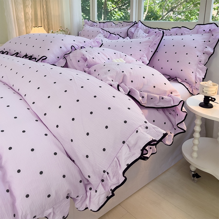 91家纺网 家纺一手货源 找家纺 绘萱家居 2026直播爆款云感皱皱纱双层纱皱皱棉花边四件套印花水洗棉 紫色波点