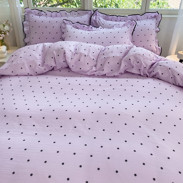 91家纺网 家纺一手货源 找家纺 绘萱家居 2026直播爆款云感皱皱纱双层纱皱皱棉花边四件套印花水洗棉 紫色波点