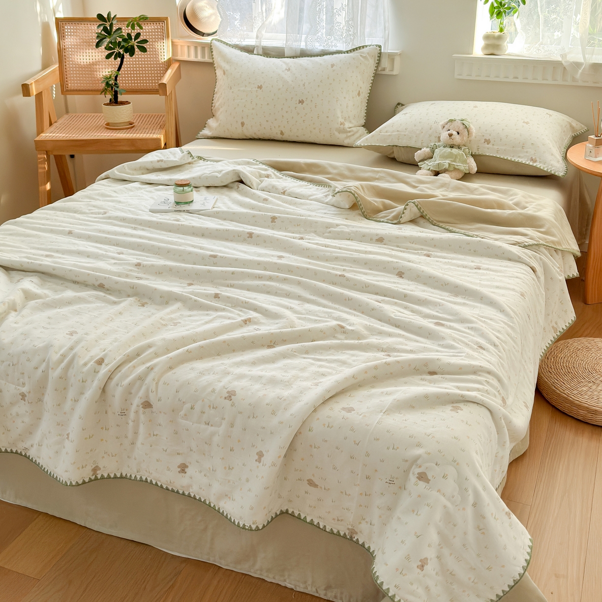 91家纺网 家纺一手货源 找家纺 雯雨家纺 2026新款全棉双层纱新疆棉花夏被空调被被子被芯 田园小熊