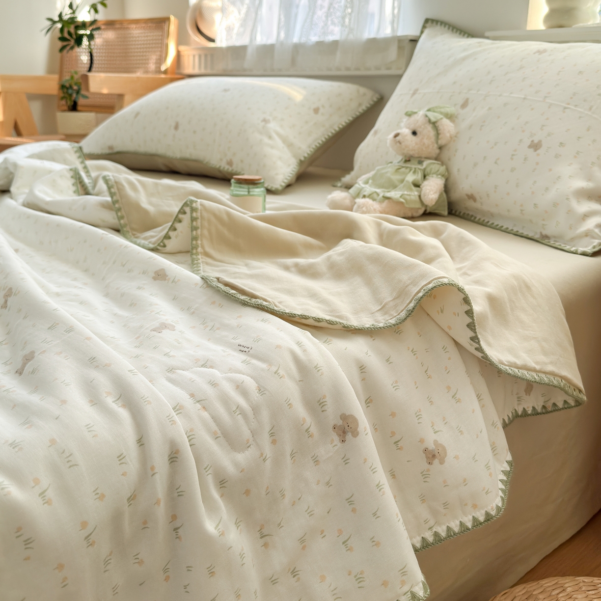 91家纺网 家纺一手货源 找家纺 雯雨家纺 2026新款全棉双层纱新疆棉花夏被空调被被子被芯 田园小熊