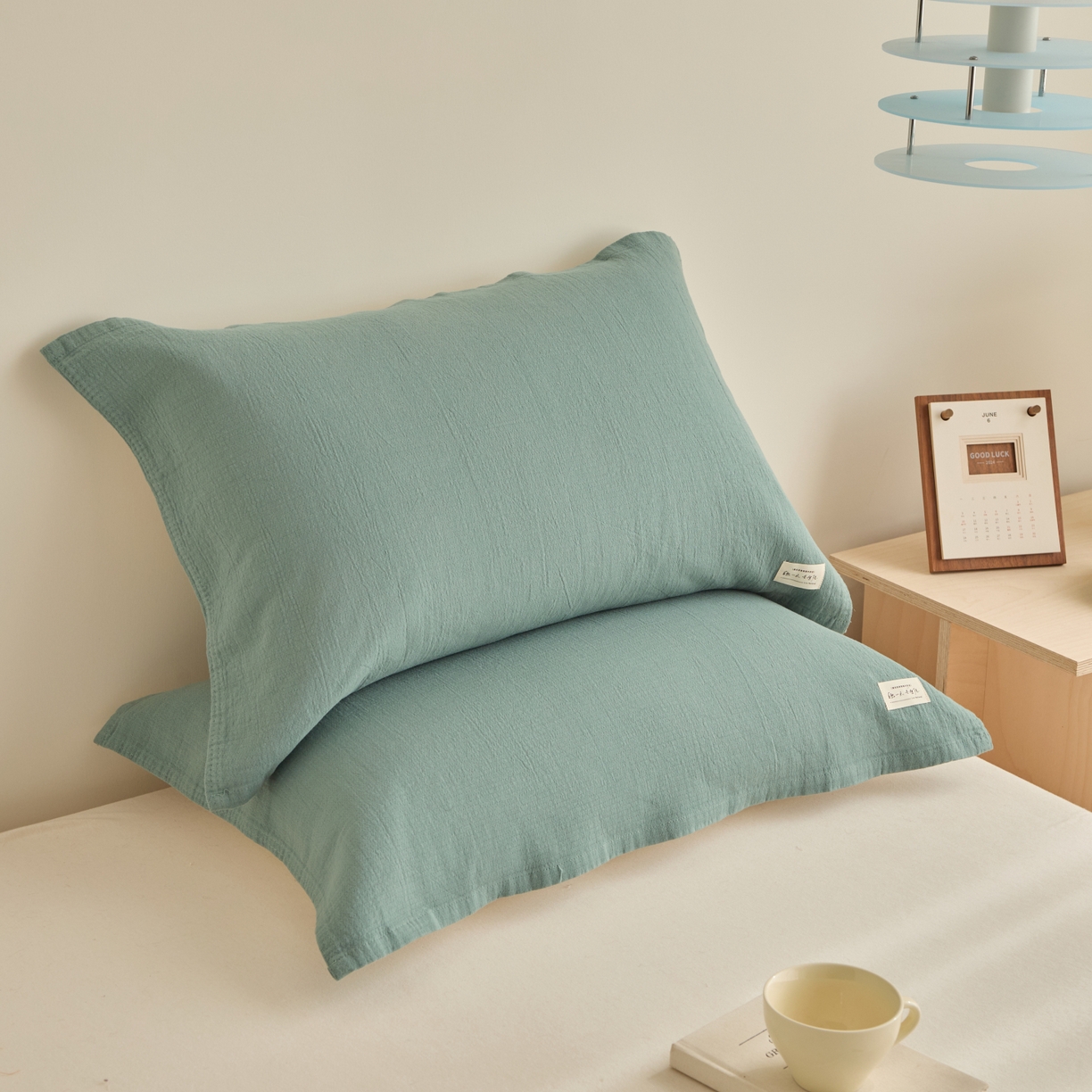 百寐 2026全棉纯棉枕巾50*80纯棉简约棉麻透气枕巾大小枕芯通用 棉麻枕巾--天青色 50x80cm±2cm一对