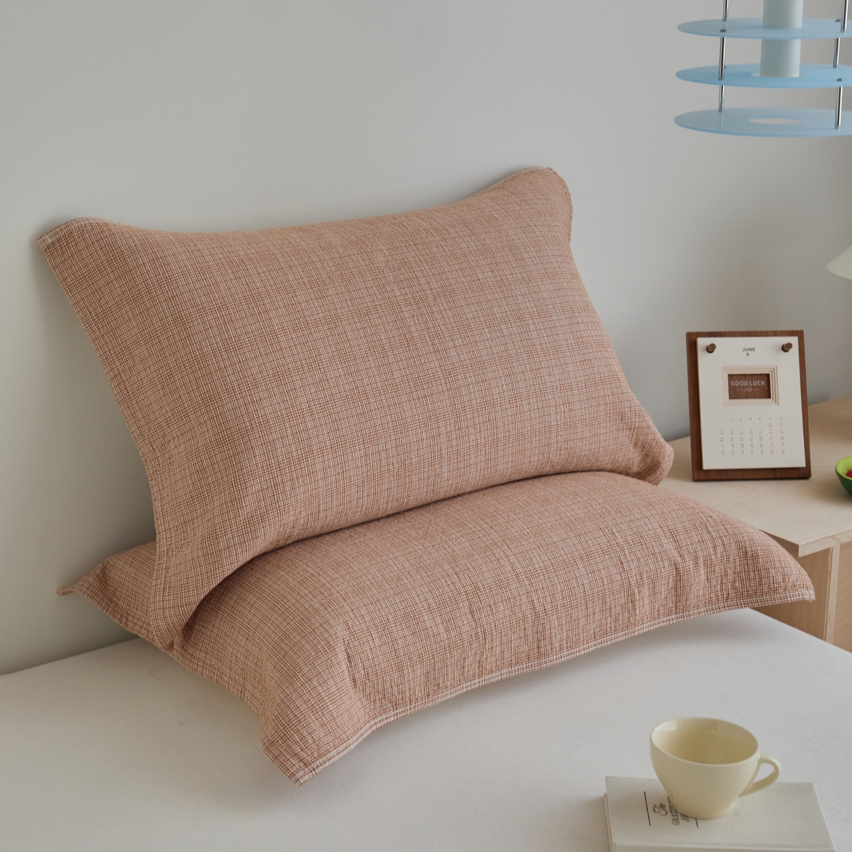 百寐 2026全棉纯棉枕巾50*80纯棉简约棉麻透气枕巾大小枕芯通用 全棉枕巾-小格橘 50x80cm±2cm一只
