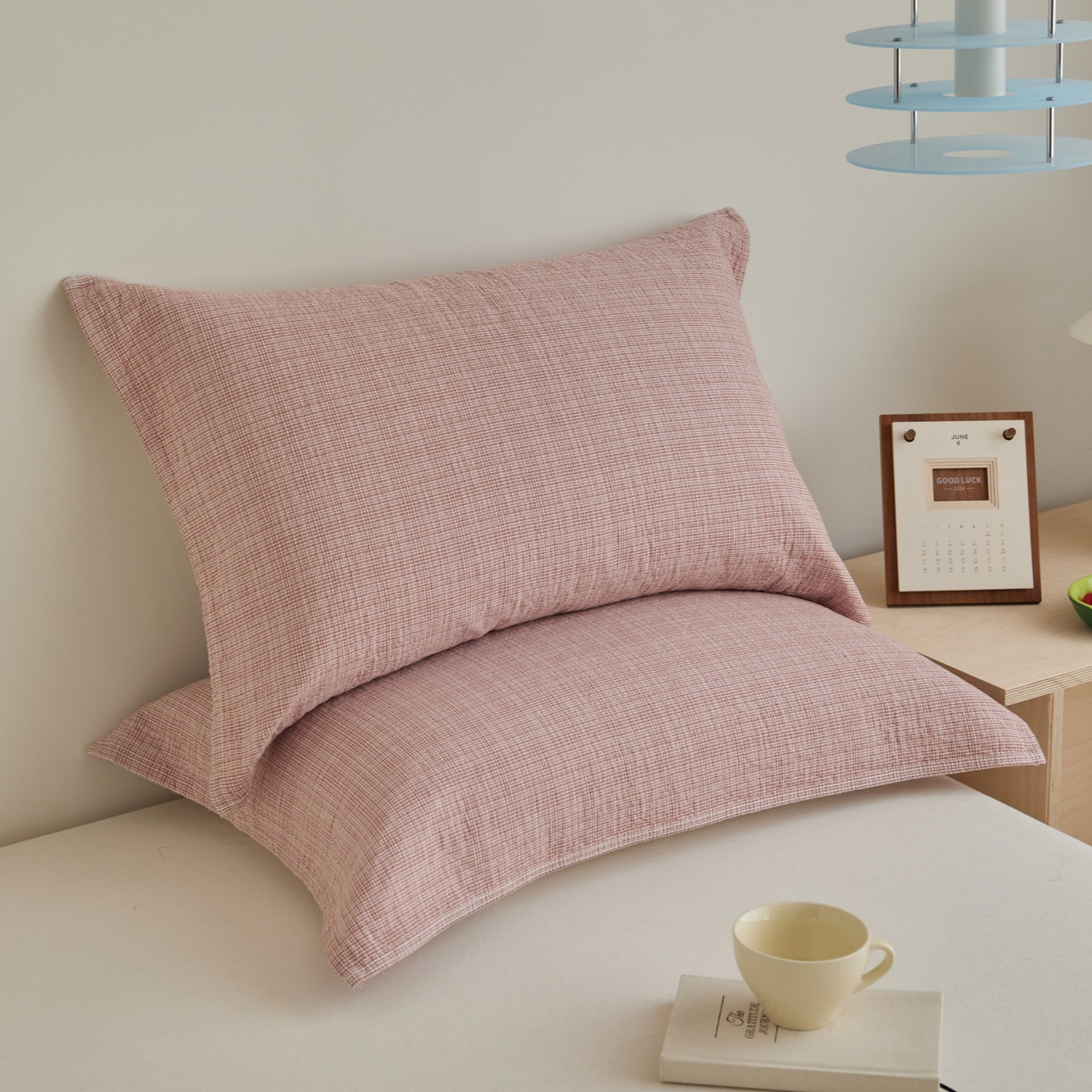 百寐 2026全棉纯棉枕巾50*80纯棉简约棉麻透气枕巾大小枕芯通用 全棉枕巾-小格粉 50x80cm±2cm一对