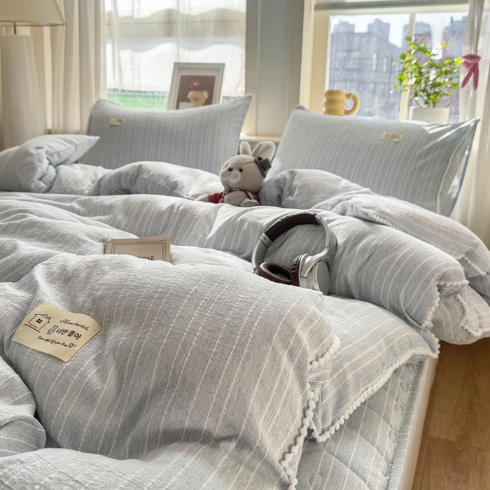 91家纺网 家纺一手货源 找家纺 蝶帕家纺 2026新款无印色织提花加棉床笠四件套 浅灰