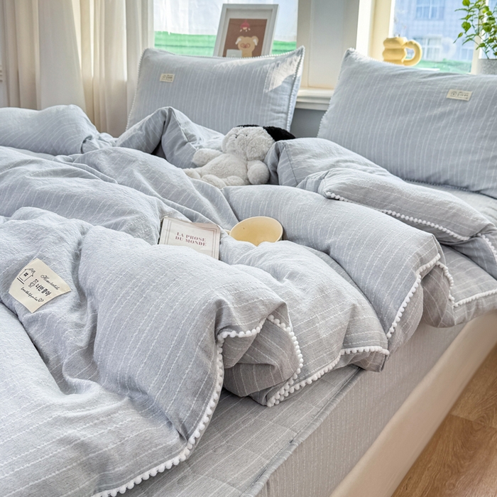 91家纺网 家纺一手货源 找家纺 蝶帕家纺 2026新款无印色织提花加棉床笠四件套 浅兰