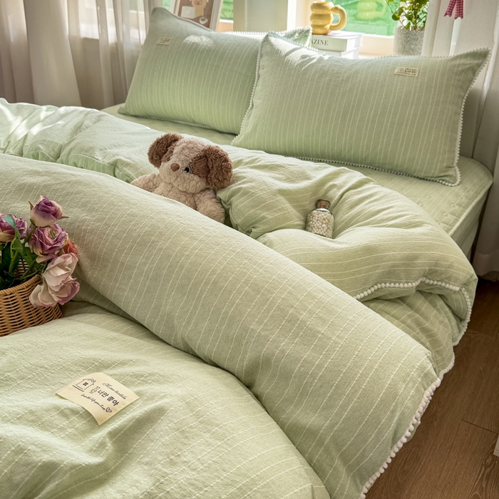 91家纺网 家纺一手货源 找家纺 蝶帕家纺 2026新款无印色织提花加棉床笠四件套 泡芙绿