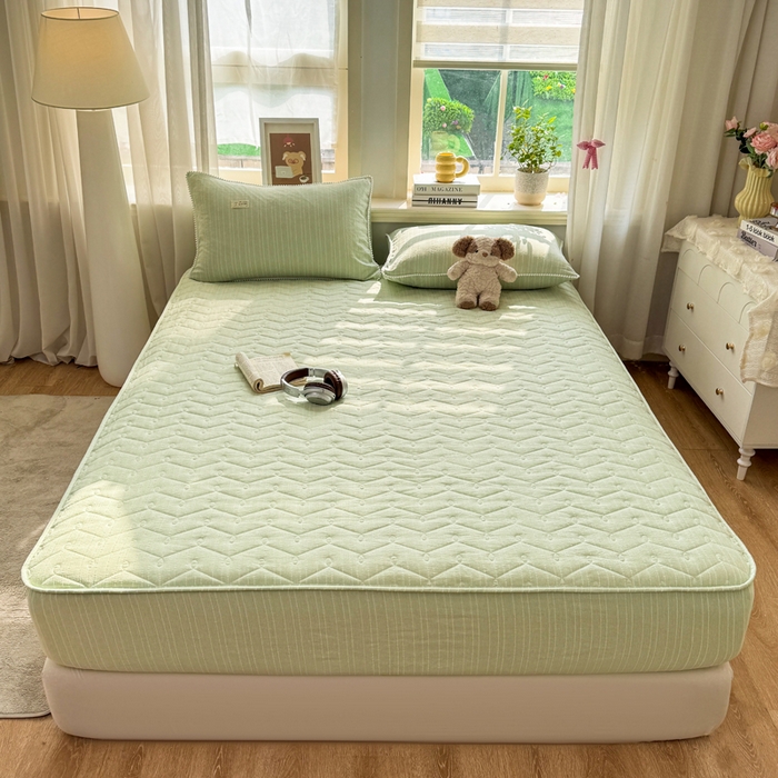 91家纺网 家纺一手货源 找家纺 蝶帕家纺 2026新款无印色织提花加棉床笠四件套 泡芙绿