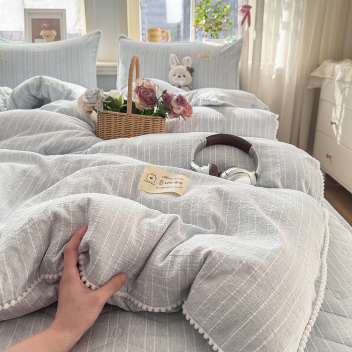 91家纺网 家纺一手货源 找家纺 蝶帕家纺 2026新款无印色织提花加棉床笠四件套 浅灰