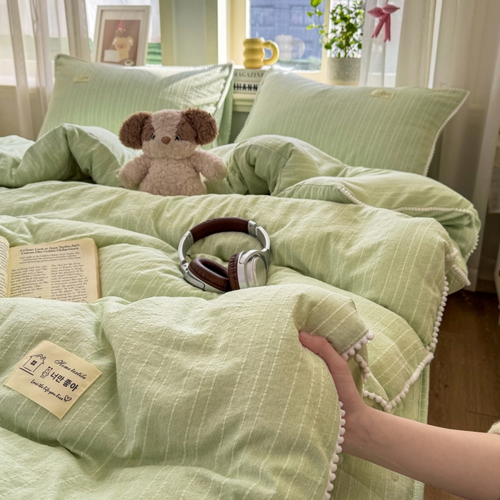 91家纺网 家纺一手货源 找家纺 蝶帕家纺 2026新款无印色织提花加棉床笠四件套 泡芙绿