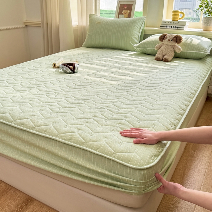 91家纺网 家纺一手货源 找家纺 蝶帕家纺 2026新款无印色织提花加棉床笠四件套 泡芙绿