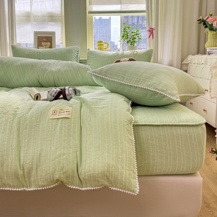 91家纺网 家纺一手货源 找家纺 蝶帕家纺 2026新款无印色织提花加棉床笠四件套 泡芙绿