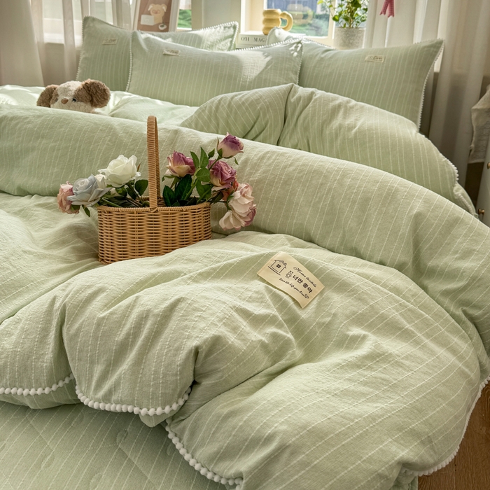 91家纺网 家纺一手货源 找家纺 蝶帕家纺 2026新款无印色织提花加棉床笠四件套 泡芙绿