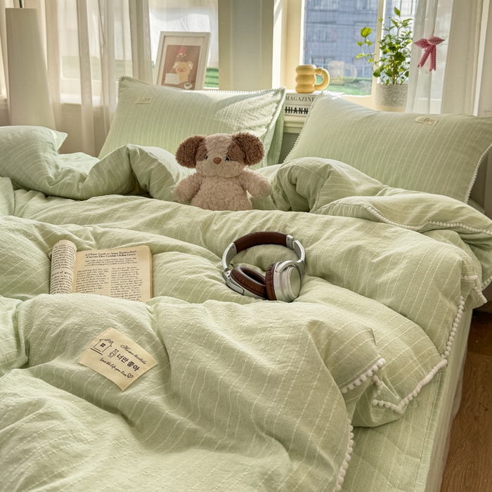 91家纺网 家纺一手货源 找家纺 蝶帕家纺 2026新款无印色织提花加棉床笠四件套 泡芙绿