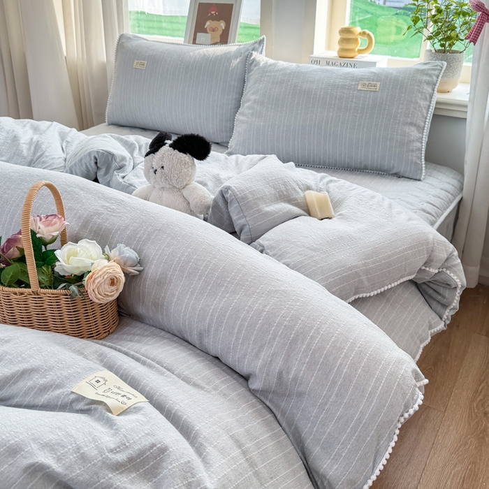 91家纺网 家纺一手货源 找家纺 蝶帕家纺 2026新款无印色织提花加棉床笠四件套 浅兰