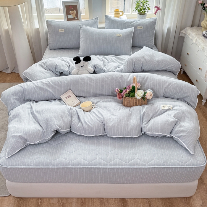 91家纺网 家纺一手货源 找家纺 蝶帕家纺 2026新款无印色织提花加棉床笠四件套 浅兰