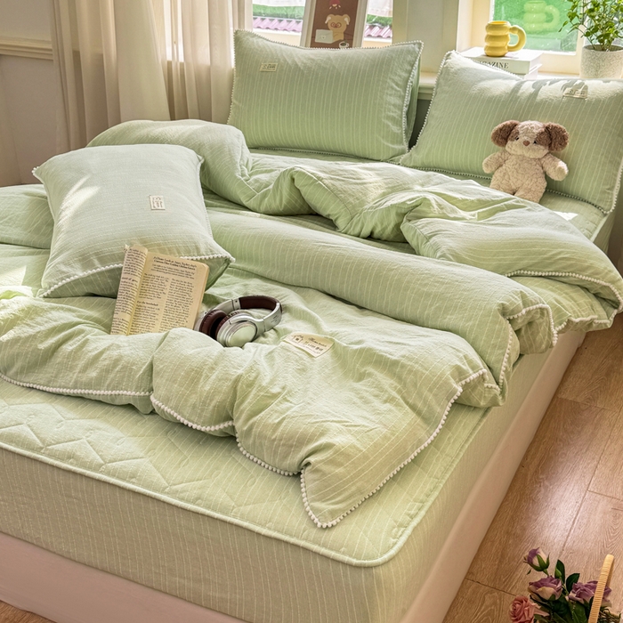 91家纺网 家纺一手货源 找家纺 蝶帕家纺 2026新款无印色织提花加棉床笠四件套 泡芙绿